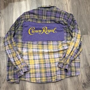 🥃 Crown Royal Upcycled Plaid Flannel Shirt – Purple Whiskey Graphic Back